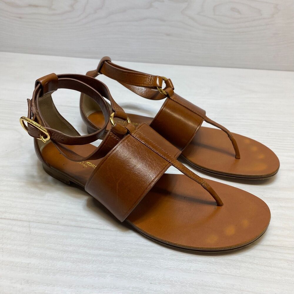 Michael Kors Vero Cuoio Flat Sandals Women's Size 6 Brown Leather Ankle Strap